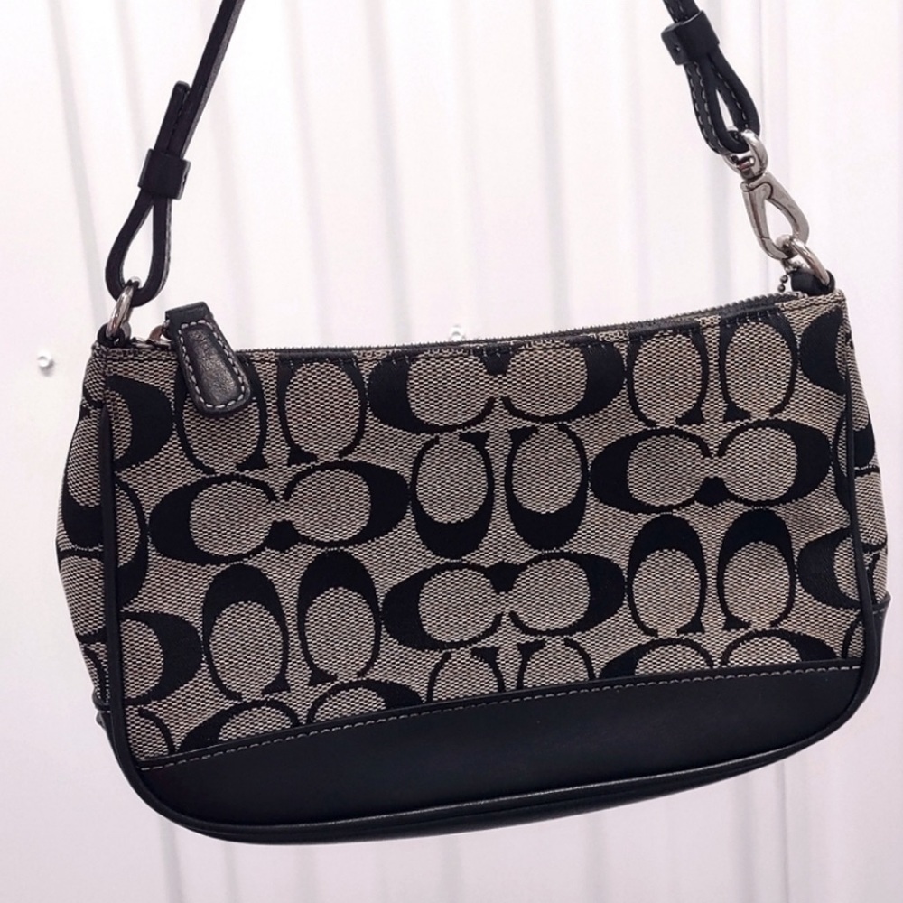 COACH Black/Grey Signature C Canvas Demi Pouch Baguette w Leather Trim 6094